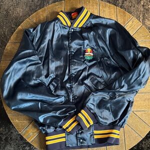Vintage 80s Navy Blue Satin Bomber Jacket